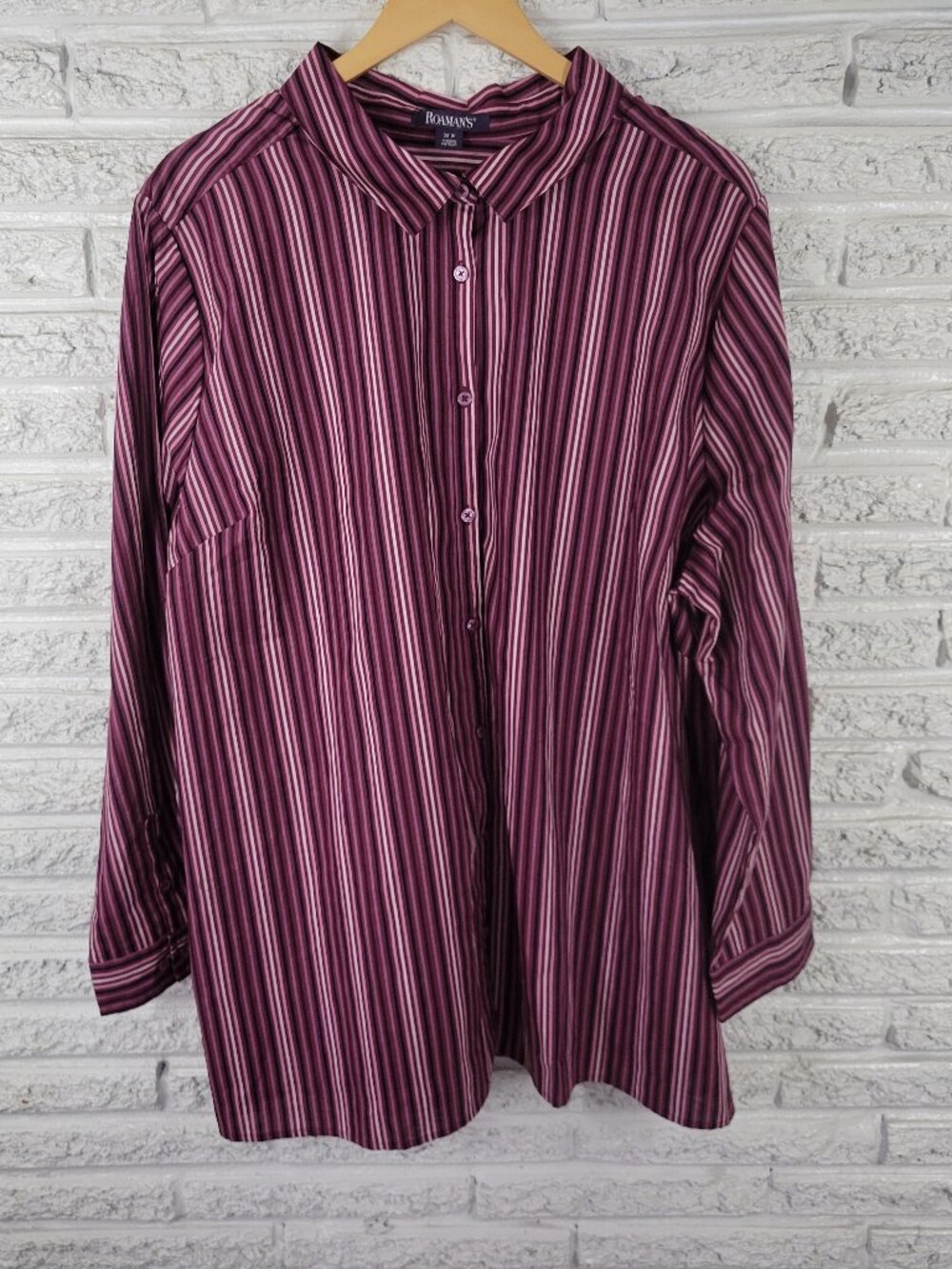 Roamans 28W Purple Black Striped Button Up Shirt Womens Plus 100% Cotton STR205E